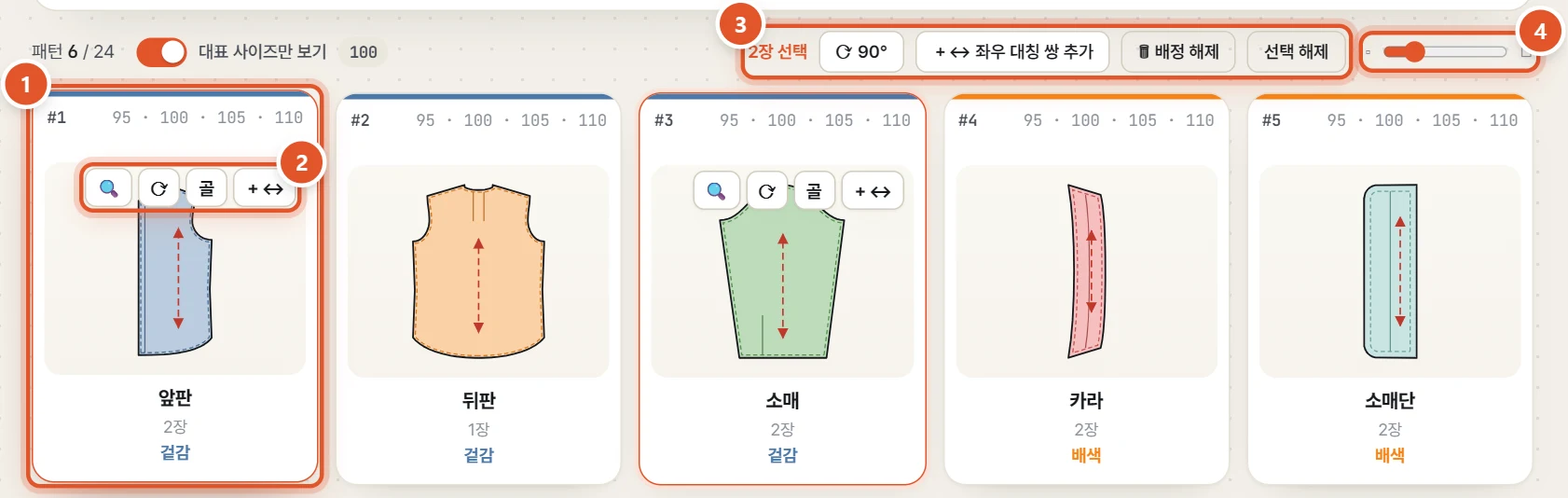 앞판과 소매 두 장을 고른 모습