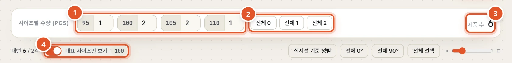 95 · 100 · 105 · 110 사이즈를 1 · 2 · 2 · 1 벌로 넣은 모습 (제품 6벌)