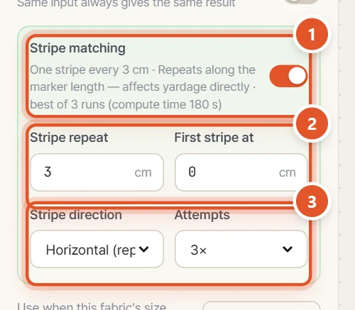 Stripe matching in the fabric settings (3 cm repeat)