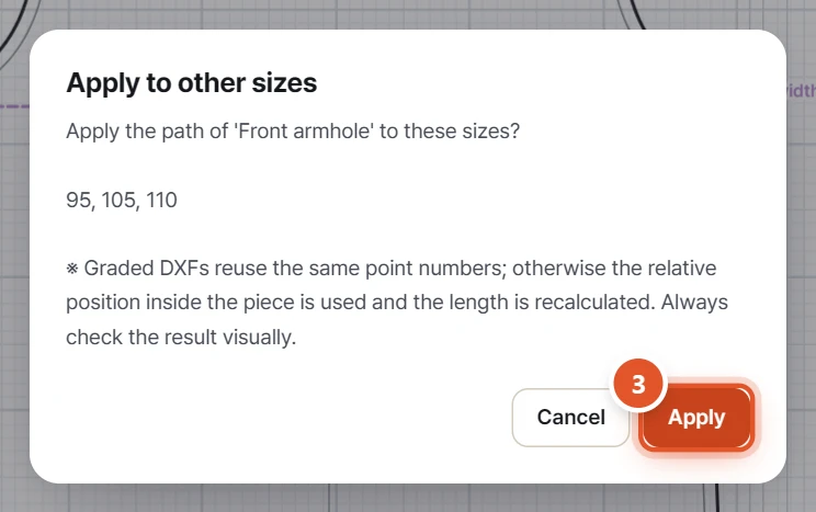 The Apply to other sizes confirmation