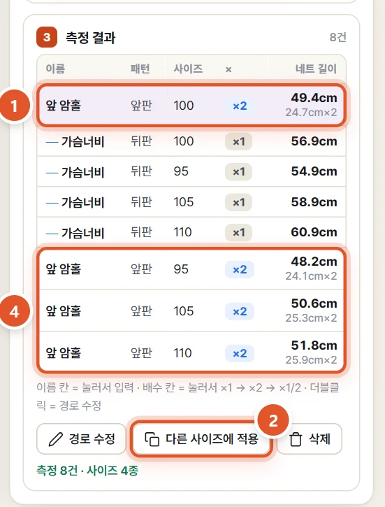 적용한 뒤 — 95 · 105 · 110 사이즈 줄이 새로 생긴 모습
