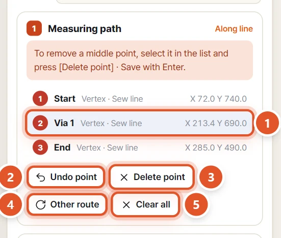 Measuring path — the point list and the fix buttons