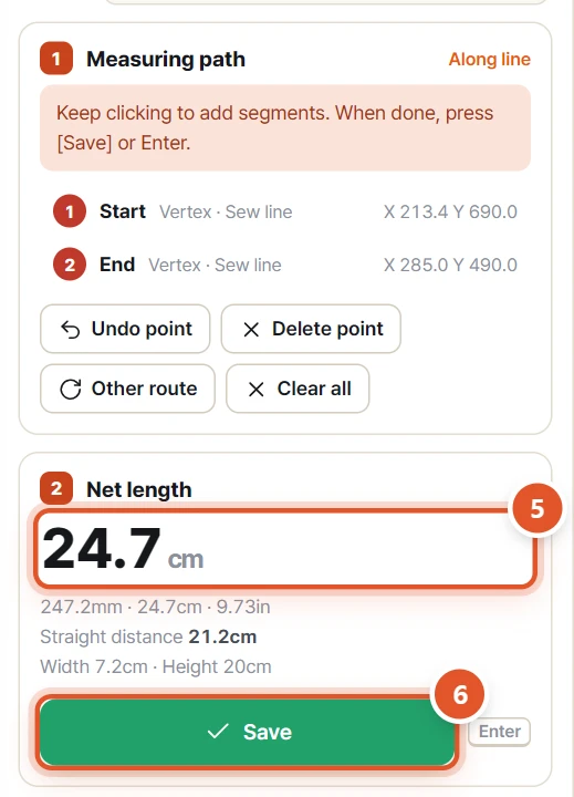 Your points under Measuring path, the result under Net length