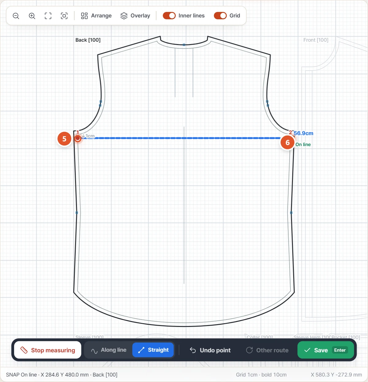 Measured straight from the point 1 cm below to the other side seam