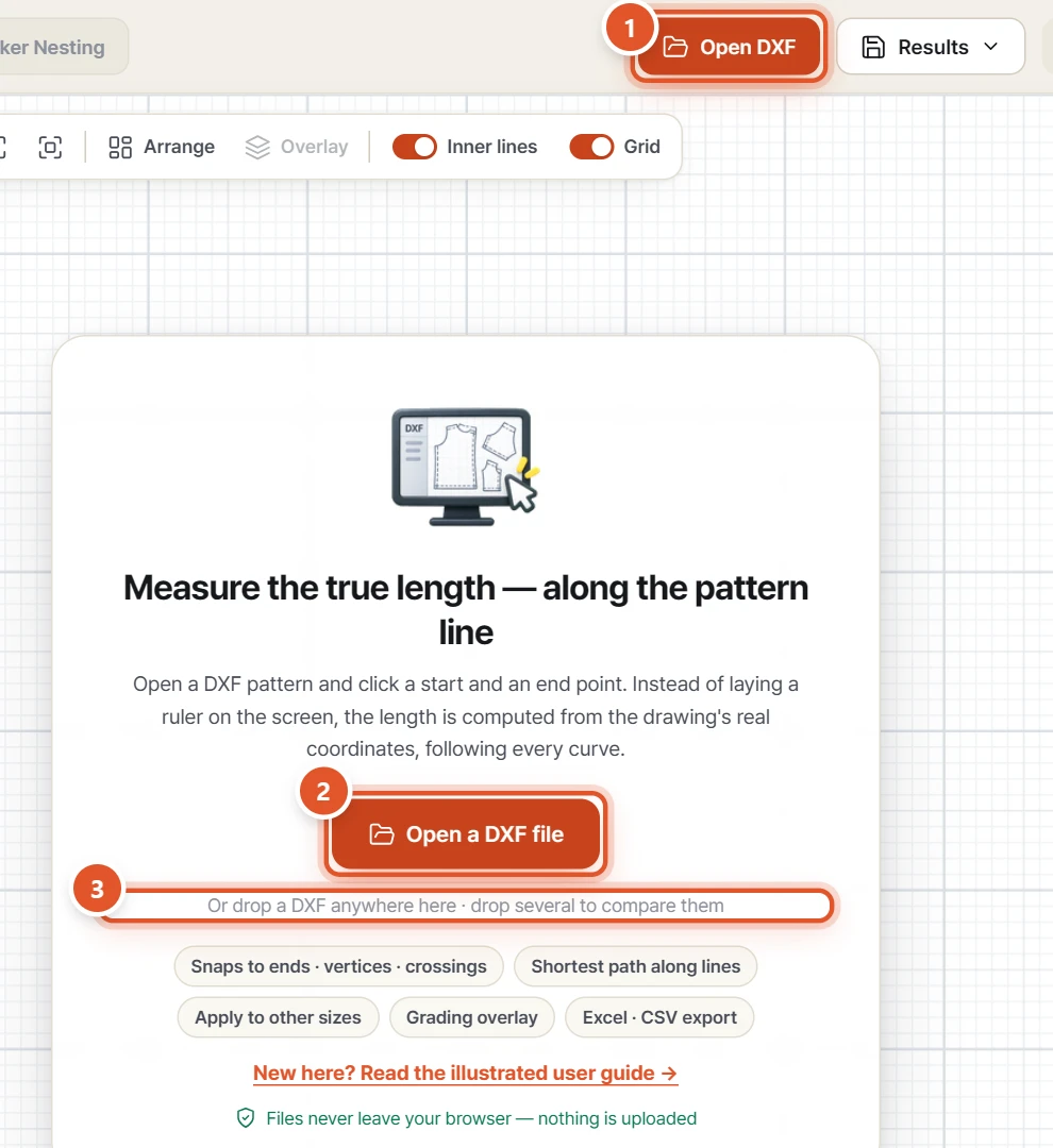 Start screen — open with the top button, the centre button, or drag and drop